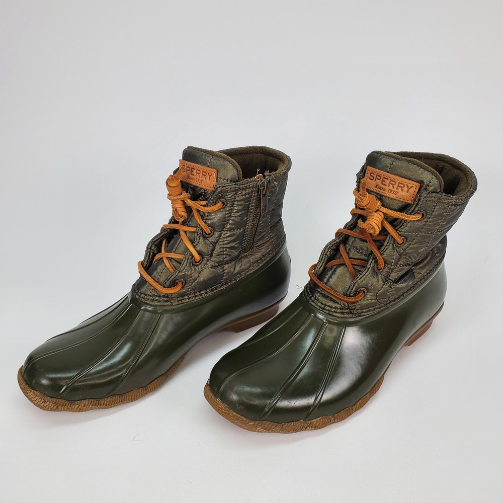 Sperry Saltwater Quilted Duck Boots‎ Olive Metallic Bronze STS80753 Womens 9.5 M